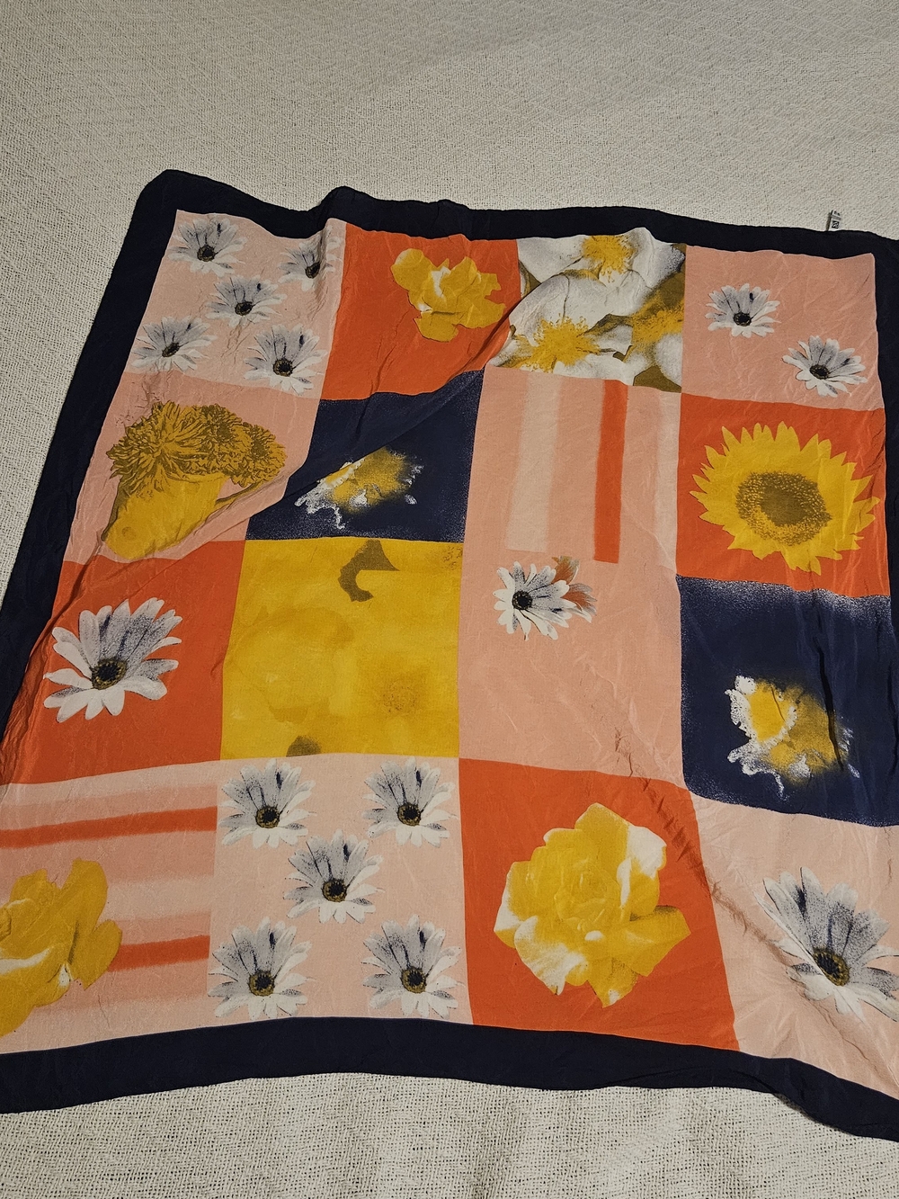 Pierre Cardin Silk Patchwork Floral Scarf in Pink, Yellow & Navy